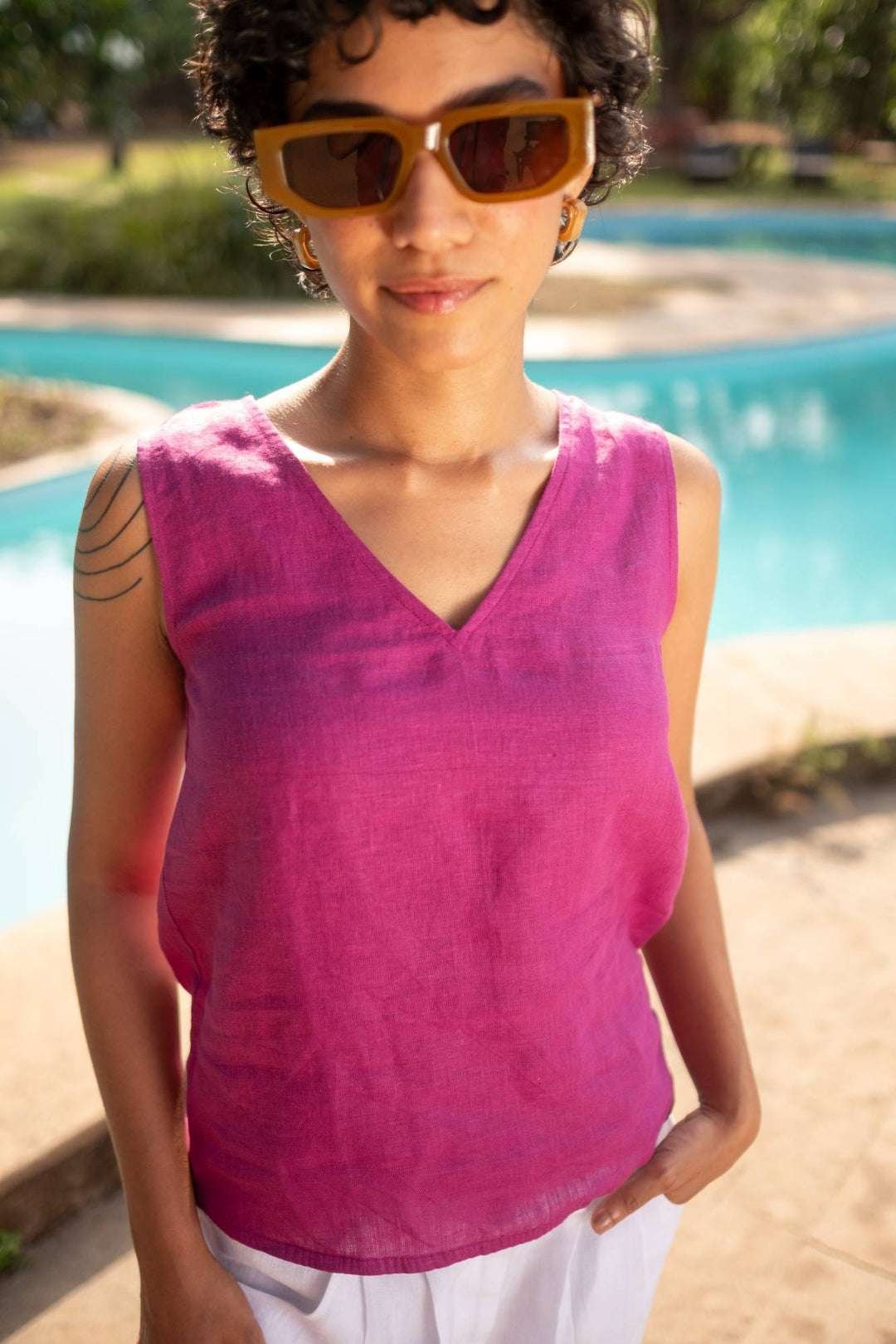 Women's Cotton Solid V Neck Sleeveless 2 Piece Outfit Loose Tank Top and Wide Leg Palazzo Pants Sets cord set ( Purple White ) - Image 4